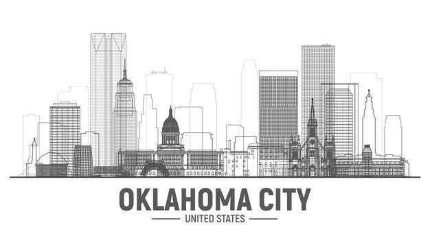 Skyline de la ligne américaine d'Oklahoma City sur fond blanc Style réaliste de trait avec des monuments célèbres et des bâtiments de grattoir modernes Illustration vectorielle pour la production Web ou imprimée