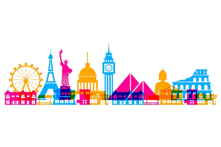 Vecteur gratuit skyline de monuments colorés dans le monde entier