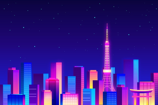 Vecteur gratuit skyline de nuit étoilée de tokyo en néon