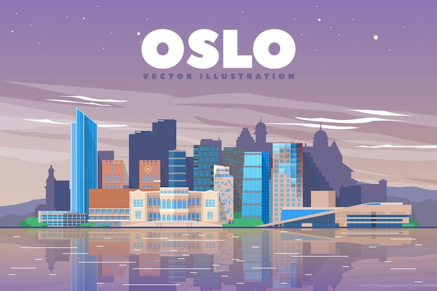 Vecteur gratuit skyline d'oslo en norvège avec panorama sur fond de ciel du soir illustration vectorielle concept de voyage d'affaires et de tourisme avec des bâtiments modernes image pour présentation bannière affiche et site web