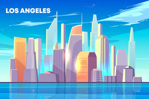 Skyline De La Ville De Los Angeles Avec Illuminé Par Le Soleil Gratte-ciel Des Bâtiments Au Bord De Mer