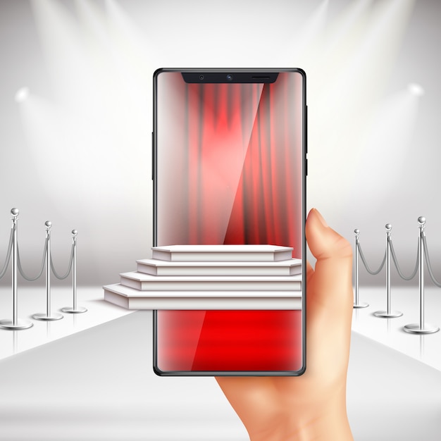 Le smartphone plein écran affiche la préparation de la cérémonie de remise des prix du tapis rouge avec une composition réaliste de l'application de réalité augmentée