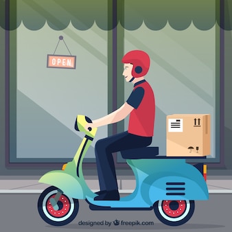 Smiley delivery man sur scooter avec boîte à carton