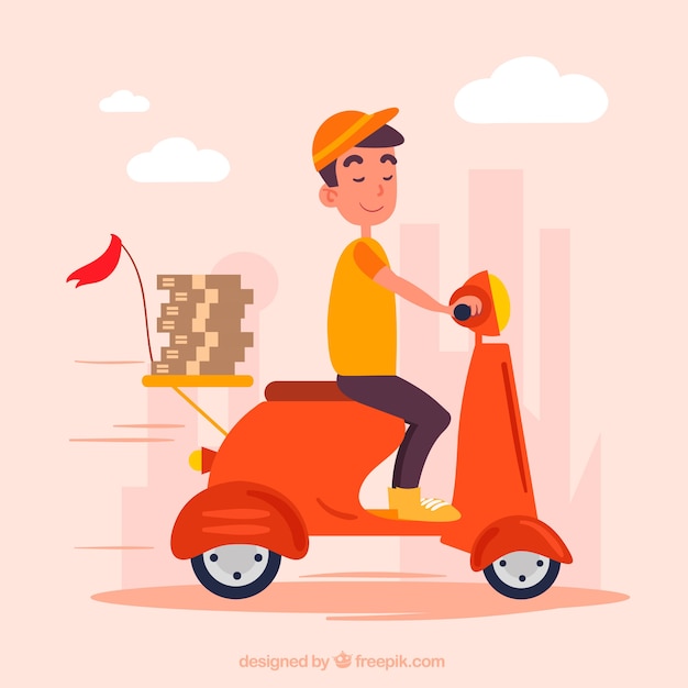 Vecteur gratuit smiley delivery man sur scooter avec des boîtes à pizza