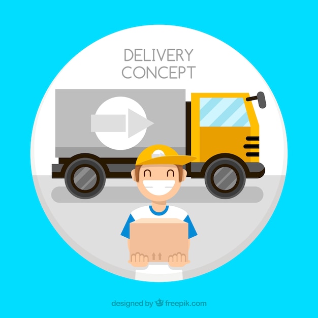 Vecteur gratuit smiley deliveryman et grand camion