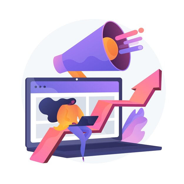 SMM, promotion Internet, publicité en ligne. Annonce, étude de marché, croissance des ventes. Marketer avec personnage de dessin animé ordinateur portable et haut-parleur. Illustration de métaphore de concept isolé de vecteur.