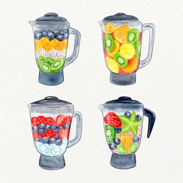 Smoothies Aquarelle Peints à La Main Dans L'illustration De Verre Mélangeur