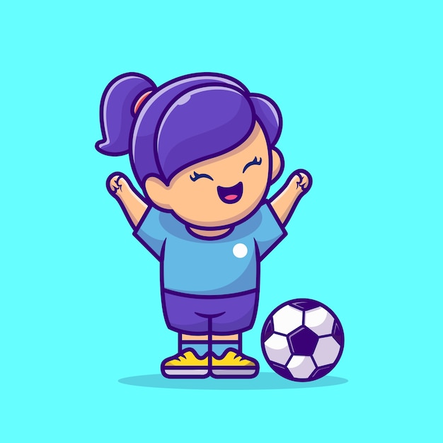 Vecteur gratuit soccer girl cartoon vector icon illustration. concept d'icône de sport de personnes isolé vector premium. style de bande dessinée plat