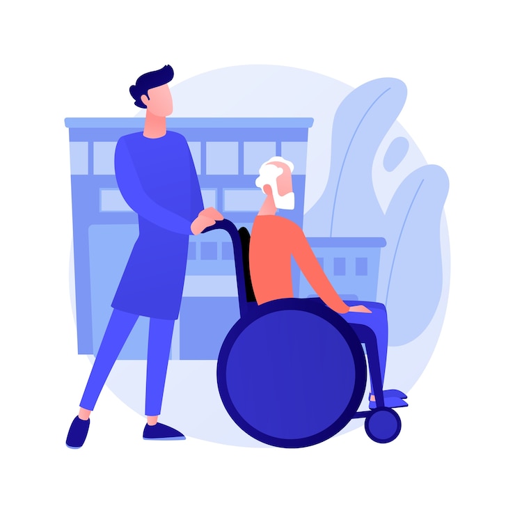 Vecteur gratuit soins pour les personnes âgées illustration vectorielle de concept abstrait. soins aux aînés, soins infirmiers pour personnes âgées, services de soins, heureux en fauteuil roulant, soutien à domicile, retraités, métaphore abstraite d'une maison de soins infirmiers.