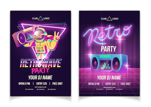 Vecteur gratuit soirée de musique avec un animateur de discothèque, affiche des flyers ou des affiches en couleurs néon