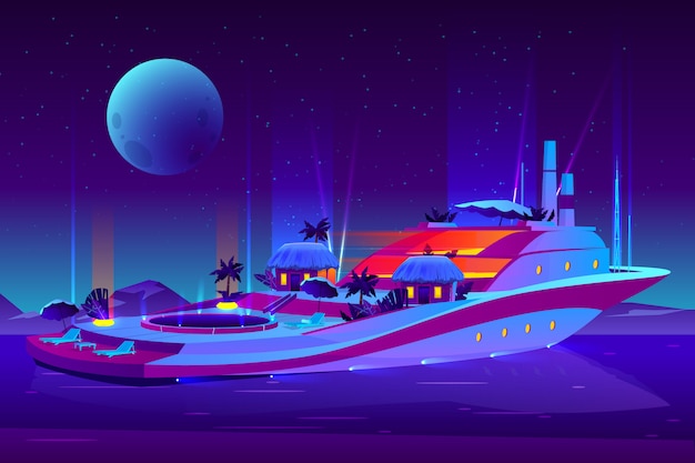 Vecteur gratuit soirée nocturne sur le futur hôtel flottant, navire de croisière, concept de dessin animé de yacht.