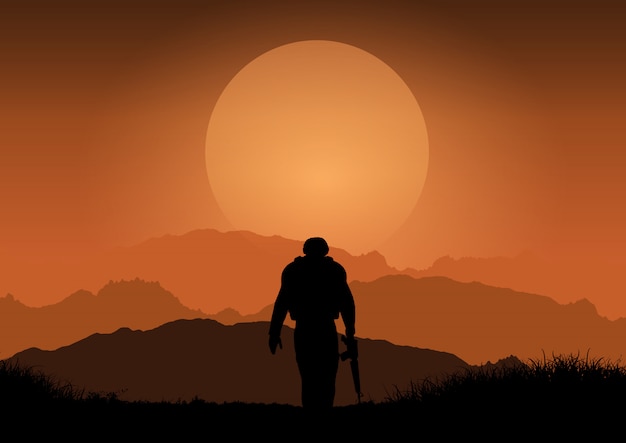 Soldat contre paysage coucher de soleil