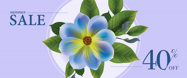 Soldes d&#39;été quarante pour cent de bannière avec fleur bleue et feuilles dans un cadre rond