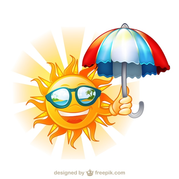 Vecteur gratuit soleil heureux avec lunettes de soleil et parapluie illustration de bande dessinée