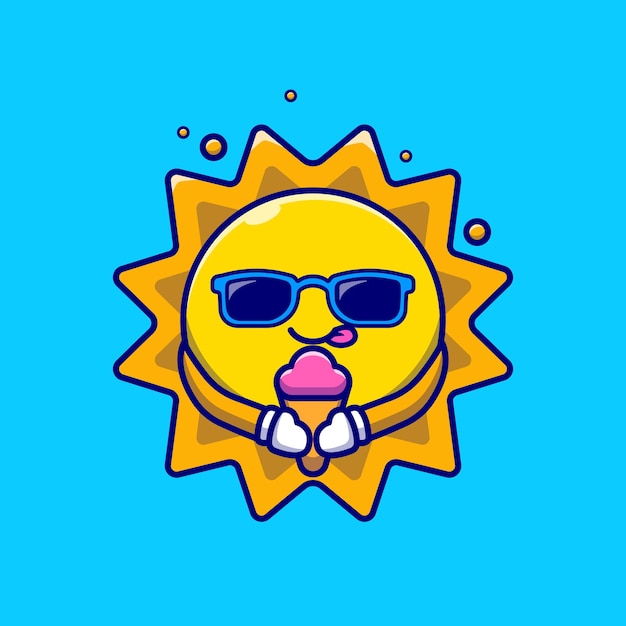 Vecteur gratuit soleil mignon portant des lunettes mangeant une illustration de dessin animé de crème glacée.