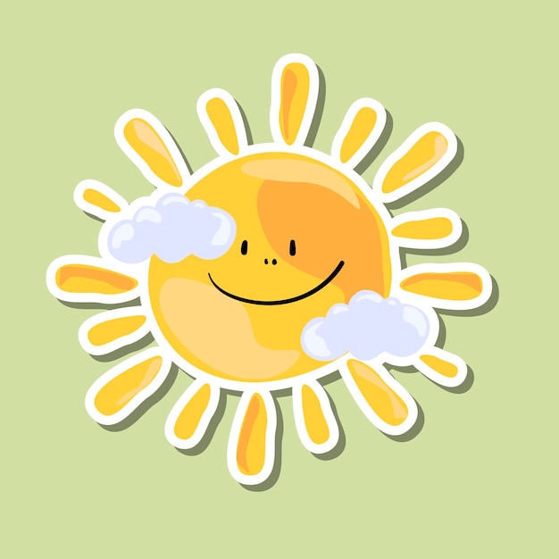 Soleil Souriant Mignon Avec Vecteur D'élément De Conception D'autocollant De Nuages