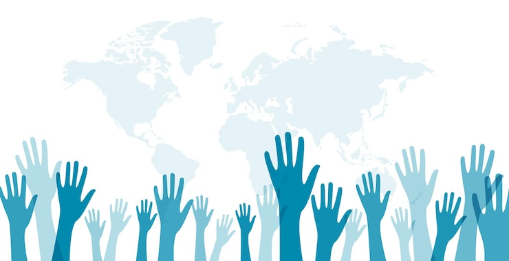 Vecteur gratuit une solidarité mondiale de bénévoles lève une bannière avec un vecteur de carte de la terre