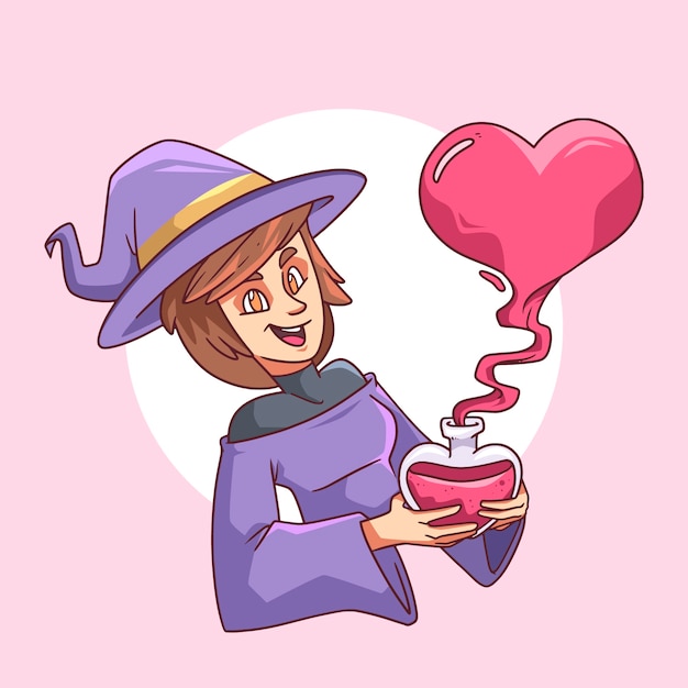 Vecteur gratuit sorcière travaillant sur l'illustration de la potion d'amour