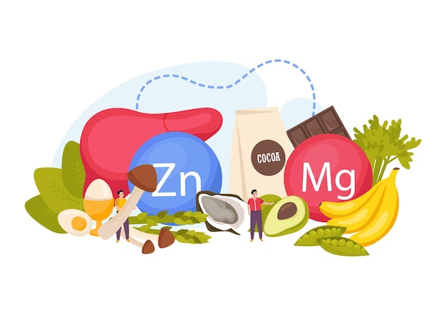 Vecteur gratuit sources alimentaires naturelles de composition plate de zinc et de magnésium avec foie oeufs au chocolat banane avocat illustration vectorielle d'huître