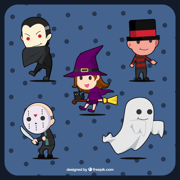 Vecteur gratuit sourire sorcière avec d'autres personnages d'halloween