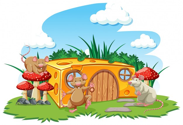 Souris Avec Fromage Maison Dans Le Style De Dessin Anime De Jardin Sur Fond De Ciel Vecteur Gratuite