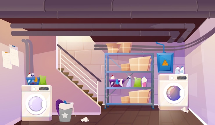 Vecteur gratuit sous-sol de dessin animé avec boîtes et panier d'escaliers pour lave-linge et sèche-linge