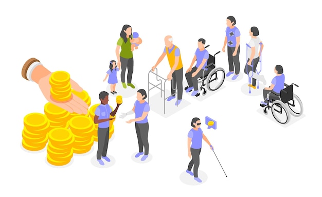 Vecteur gratuit soutien financier de l'assurance sociale pour les parents handicapés et les personnes âgées illustration vectorielle de concept isométrique