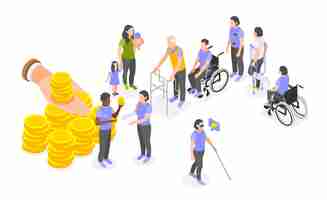 Vecteur gratuit soutien financier de l'assurance sociale pour les parents handicapés et les personnes âgées illustration vectorielle de concept isométrique