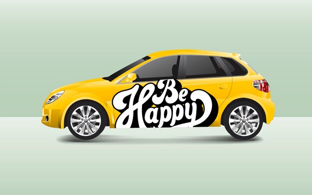 Soyez heureux typographie sur un vecteur de voiture à hayon