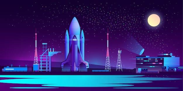 Vecteur gratuit spaceport, base la nuit avec fusée