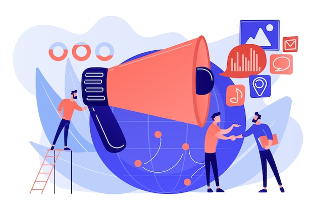 Spécialiste du marketing avec haut-parleur d'influence des hommes d'affaires et du globe. Macromarketing, influence sociale, illustration de concept de stratégie marketing globale