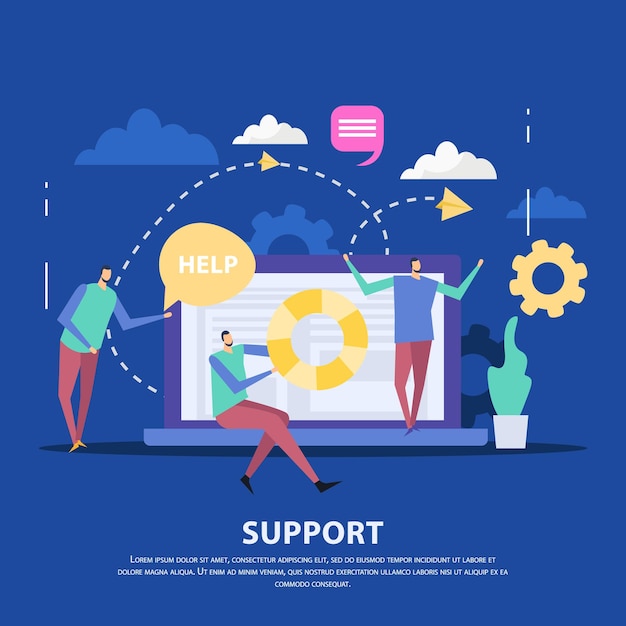 Spécialistes du centre de support client et ordinateur portable comme appareil de communication sur fond bleu illustration plate