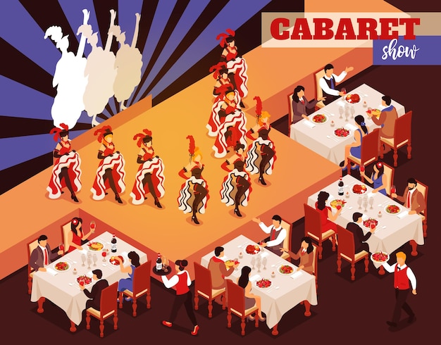 Spectacle de cabaret intérieur du restaurant isométrique avec des gens assis à des tables et regarder des ballerines dansant cancan