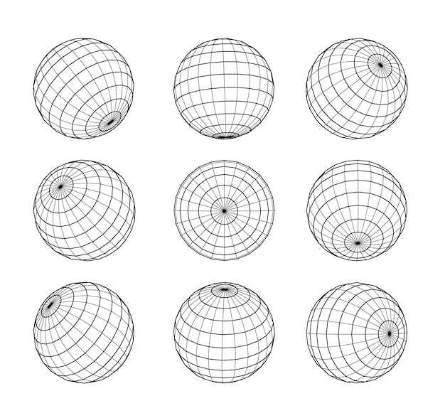 Vecteur gratuit sphère filaire dans différentes positions globe grid set planet earth orb vector contour isolé