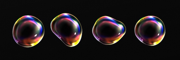 Sphères arc-en-ciel transparentes en verre ou en savon 3d Bulles de mousse irisées isolées sur fond transparent Boules fluides brillantes abstraites avec vecteur de réflexion arc-en-ciel ensemble réaliste