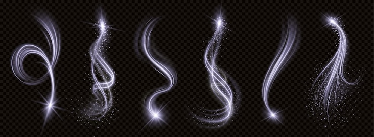 Vecteur gratuit spirale magique blanche vortex ligne lumière lueur effet brillant courbe de vent flare avec sparkle png sur fond transparent isolé volant sort particule vecteur tourbillon étoile clignote mouvement dans la galaxie