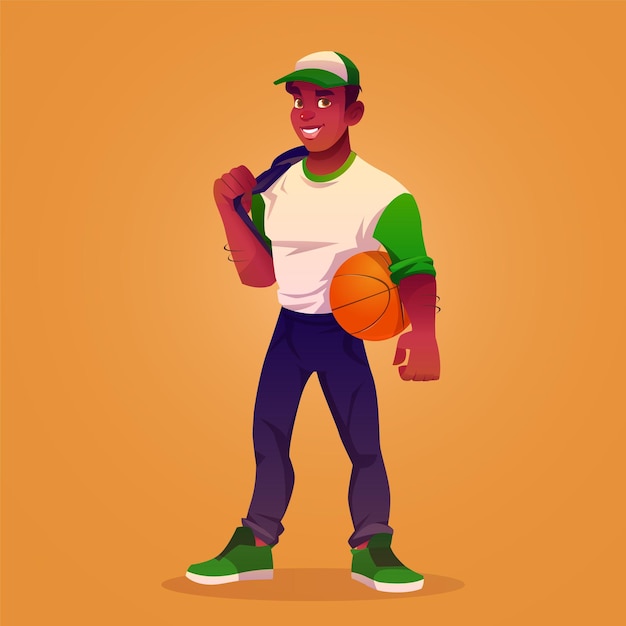 Vecteur gratuit sport basket-ball homme joueur illustration vectorielle un beau mâle noir afro basket ball garçon en uniforme clipart jeune sportif professionnel école forte et sportive debout et sourire en icône de casquette