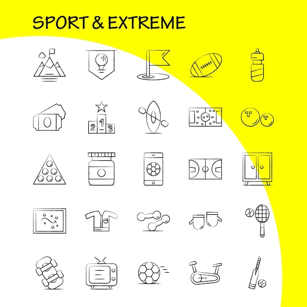 Vecteur gratuit le sport et les icônes dessinées à la main extrêmes sont définies pour l'infographie le kit uxui mobile et la conception d'impression incluent le jeu de balle de football sport mobile play game online icon set