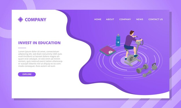 Sports d'homme avec concept de vélo stationnaire pour modèle de site Web ou page d'accueil d'atterrissage avec style isométrique