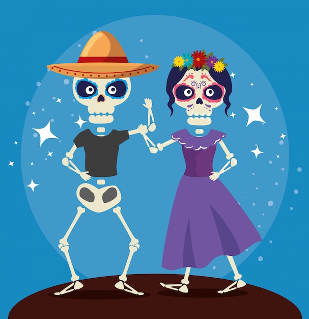 Vecteur gratuit squelette dansant avec catrina pour la célébration du jour des morts