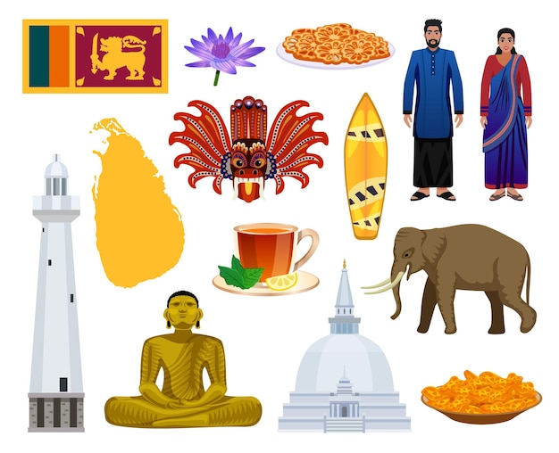 Vecteur gratuit sri lanka symboles attractions touristiques culture nourriture repères vêtements colorés ensemble avec éléphant phare drapeau illustration vectorielle