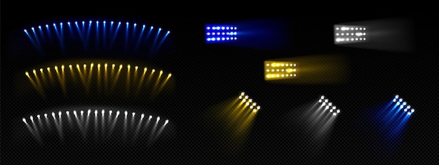 Vecteur gratuit stade jaune concert spectacle lumière ensemble isolé projecteur bleu réflecteur effet vecteur réaliste lampe de projecteur de football lueur 3d football disco étincelle avec flou pour la conception de divertissement d'arène amusante