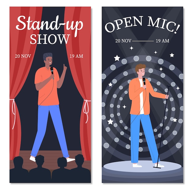 Vecteur gratuit stand up comédie spectacle microphone ouvert ensemble plat de deux bannières verticales avec illustration vectorielle de dessin animé gars scène