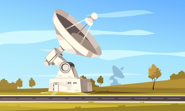 Vecteur gratuit station de radiotélescope avec grande antenne parabolique pour la recherche spatiale contre l'illustration du paysage d'automne