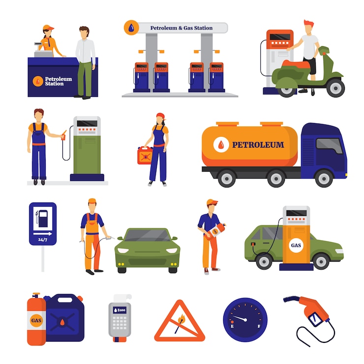 Vecteur gratuit stations-service essence et icônes définies avec des personnes