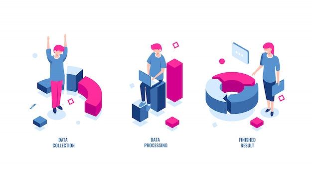 Statistiques Commerciales, Icône Isométrique De Collecte Et De Traitement De Données, Résultat Final