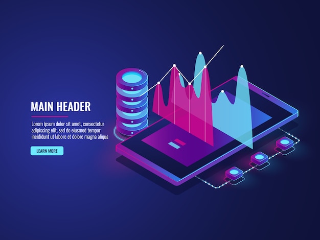 Vecteur gratuit statistiques et données en ligne analytics, stockage en nuage, application de téléphonie mobile pour le travail, commerce