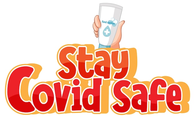 Stay Covid Safe Police Dans Un Style Dessin Animé Main Tenant Un Produit D'alcool à La Main Isolé Sur Blanc