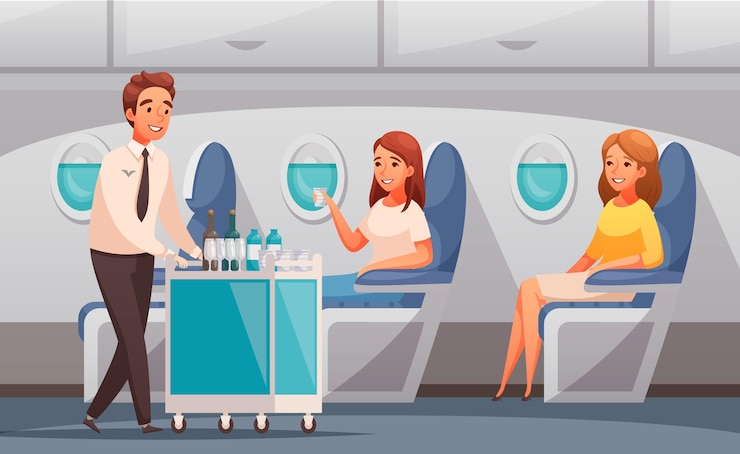 Vecteur gratuit steward offrant des boissons aux passagers en dessin animé d'avion