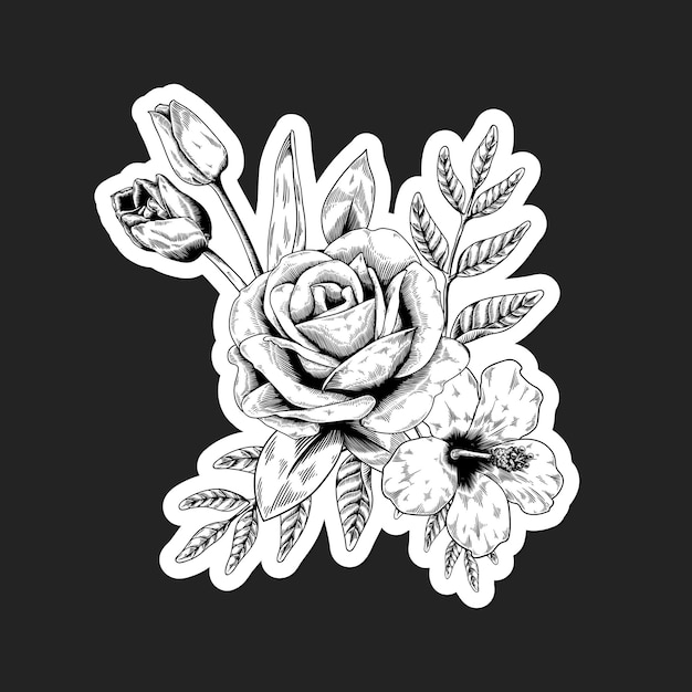 Sticker bouquet de fleurs noir et blanc avec une bordure blanche